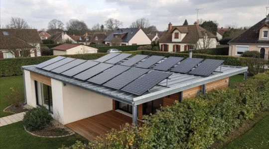 Installation panneaux solaires sur toit plat maison contemporaine avec structure lestée visible