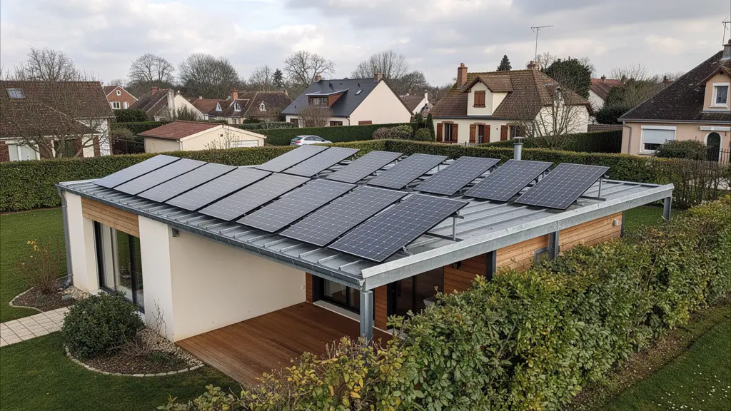 Installation panneaux solaires sur toit plat maison contemporaine avec structure lestée visible