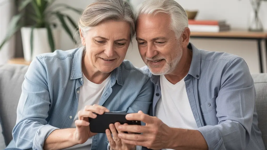 Couple propriétaires cinquantaine consultant production panneaux solaires sur application smartphone