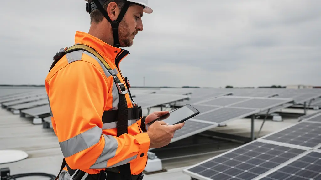 Technicien vérifiant inclinaison panneau solaire sur toit terrasse résidentiel