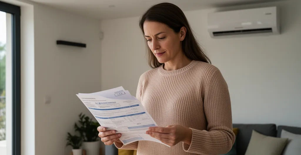 Femme consultant un document près d'un radiateur dans un salon moderne avec pompe à chaleur