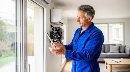 Technicien chauffagiste inspectant une pompe à chaleur murale dans un salon