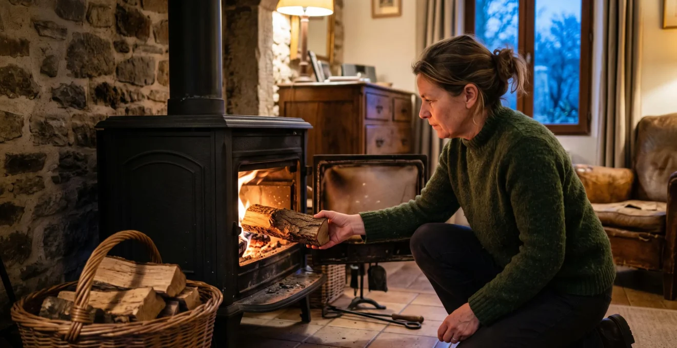 Une femme alimente un poêle à bois allumé dans son salon pendant une soirée d'hiver, à côté d'un panier de bûches.