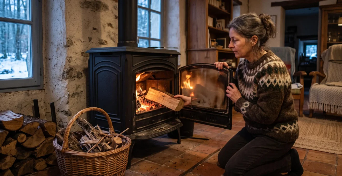 Une femme alimente un poêle à bois allumé dans son salon pendant une soirée d'hiver, à côté d'un panier de bûches.