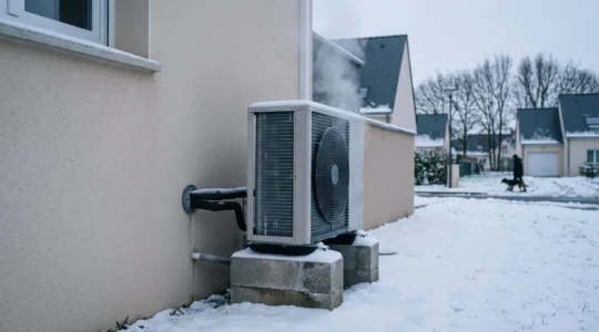 Une pompe à chaleur air-eau extérieure recouverte de givre devant une maison française enneigée par grand froid.