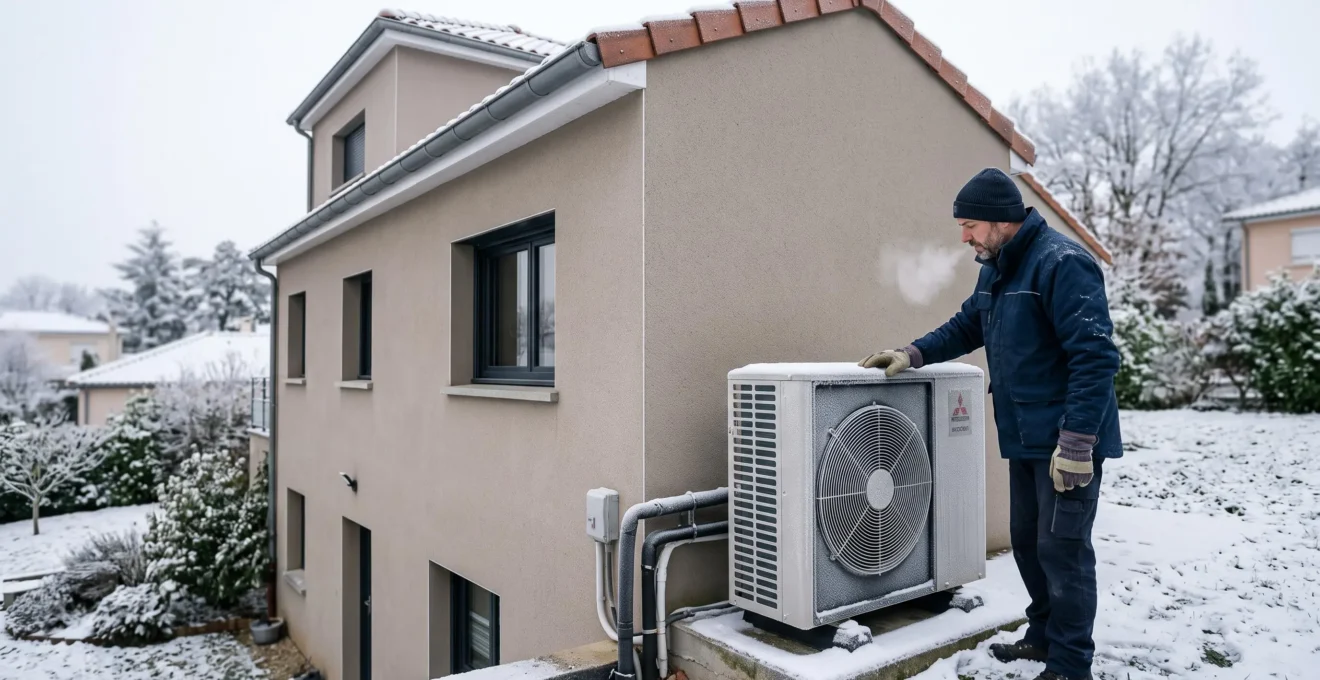 Un technicien examine une unité extérieure de pompe à chaleur air-eau légèrement givrée contre la façade d'une maison française en hiver.