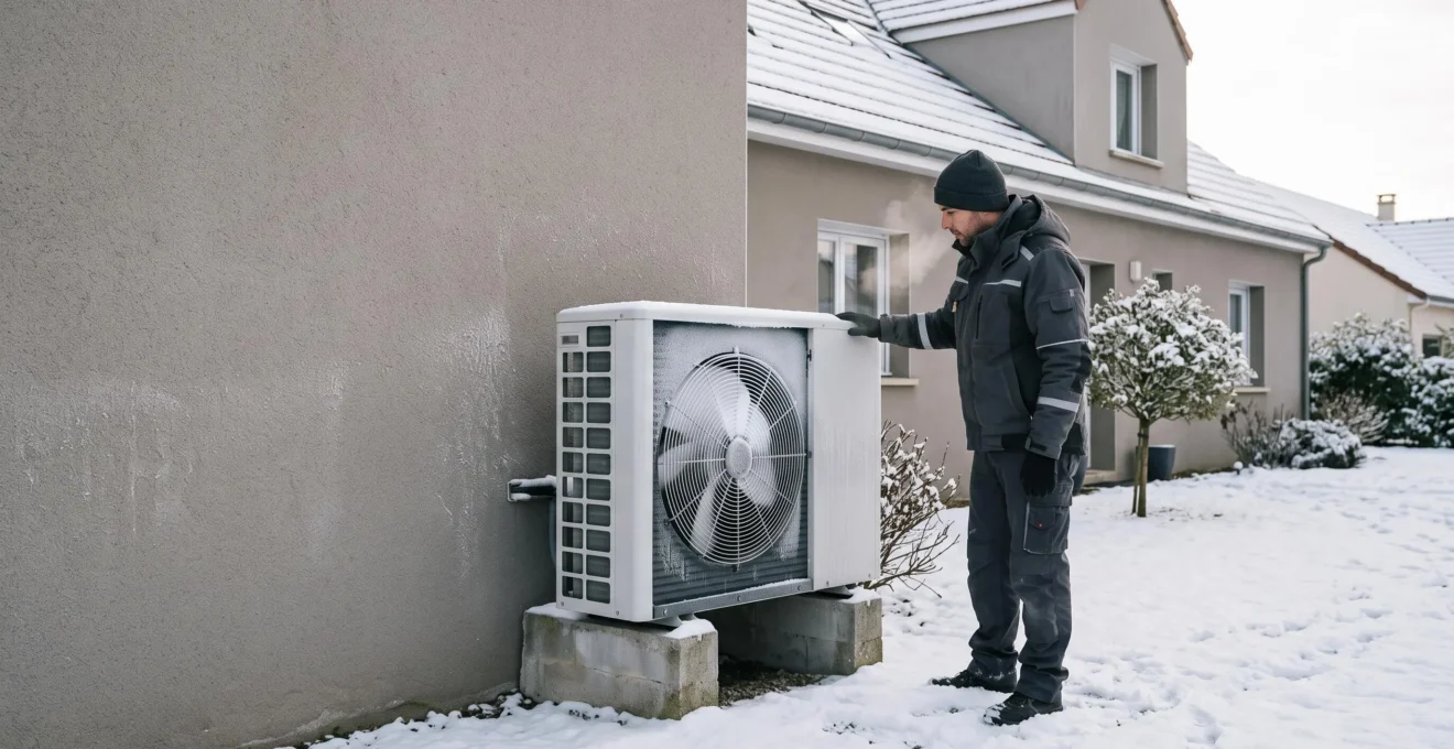 Un technicien examine une unité extérieure de pompe à chaleur air-eau légèrement givrée contre la façade d'une maison française en hiver.