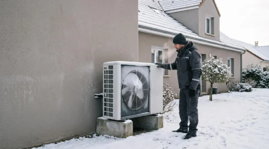 Un technicien examine une unité extérieure de pompe à chaleur air-eau légèrement givrée contre la façade d'une maison française en hiver.