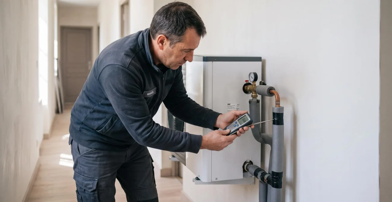 Un technicien mesure la température d'un tuyau du module intérieur d'une pompe à chaleur air-eau lors d'un entretien.